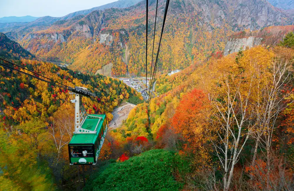 Breathtaking view from a cable car with the view of autumn forests in Daisetsuzan National Park