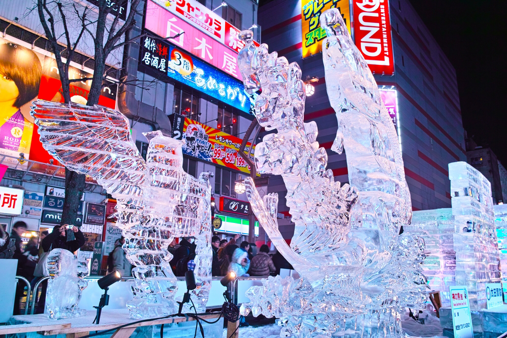 Ice Sculptures seen at night during the Sapporo Snow Festival in Japan