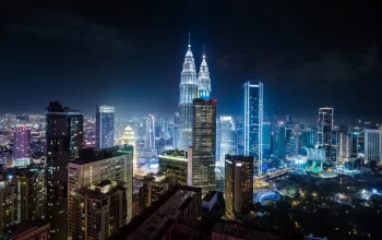 Night view of Kuala Lumpur City Centre with the illuminated Petronas Twin Towers and skyline, seen near a KL hotel near KLCC.