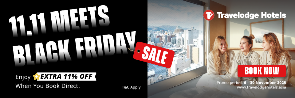 Travelodge's booking form, allowing visitors to book any 韓国ホテル (Korean Hotel), マレーシア ホテル (Malaysia Hotel), or シンガポールのホテル (Singapore Hotel)