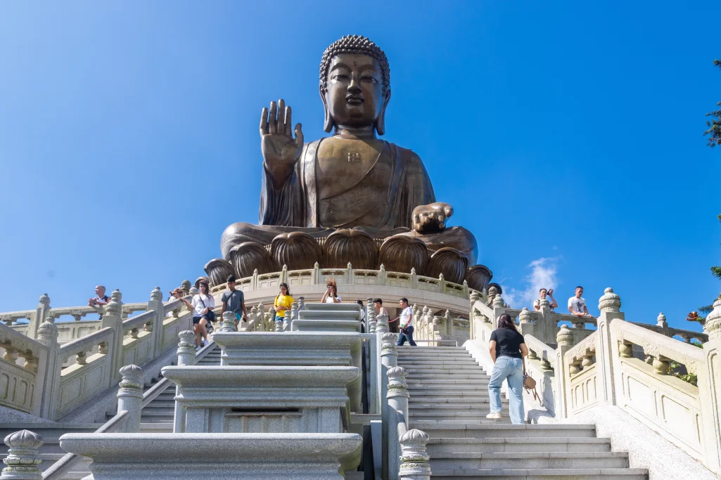 Tian Tan Buddha on Lantau Island overlooking visiting tourists