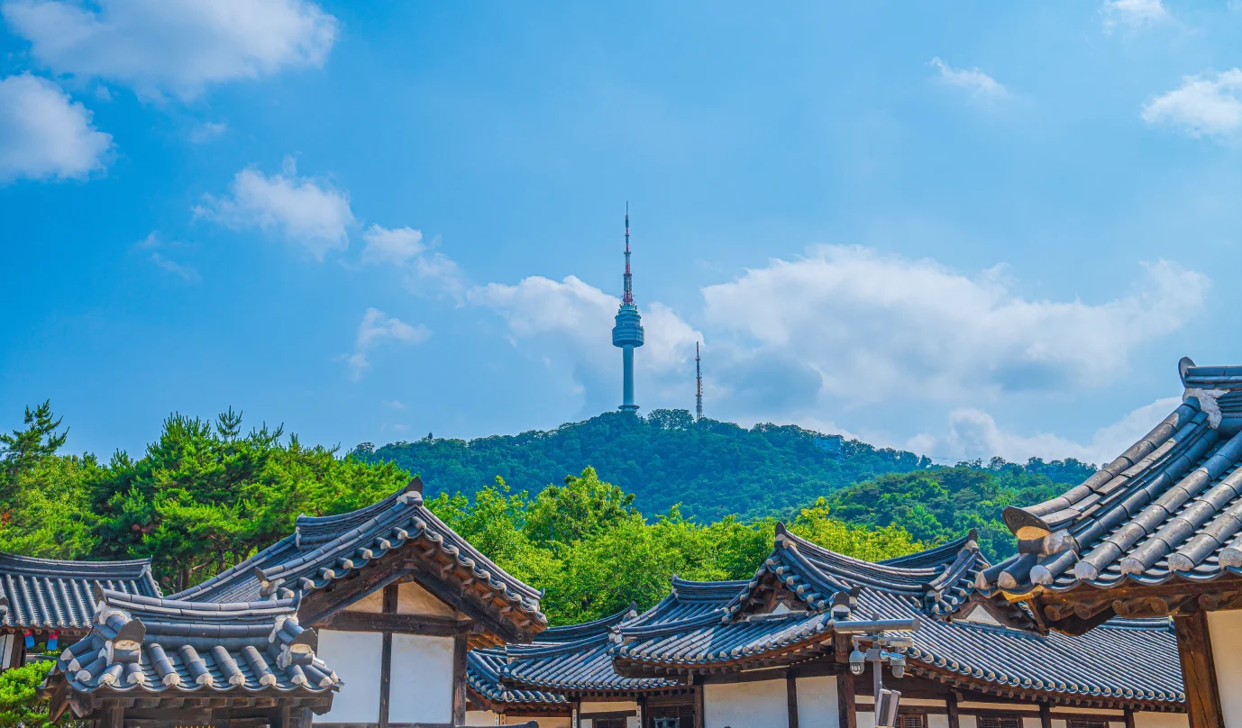 N Seoul Tower and hanok rooftops, a highlight for travellers enjoying a Seoul long stay package.