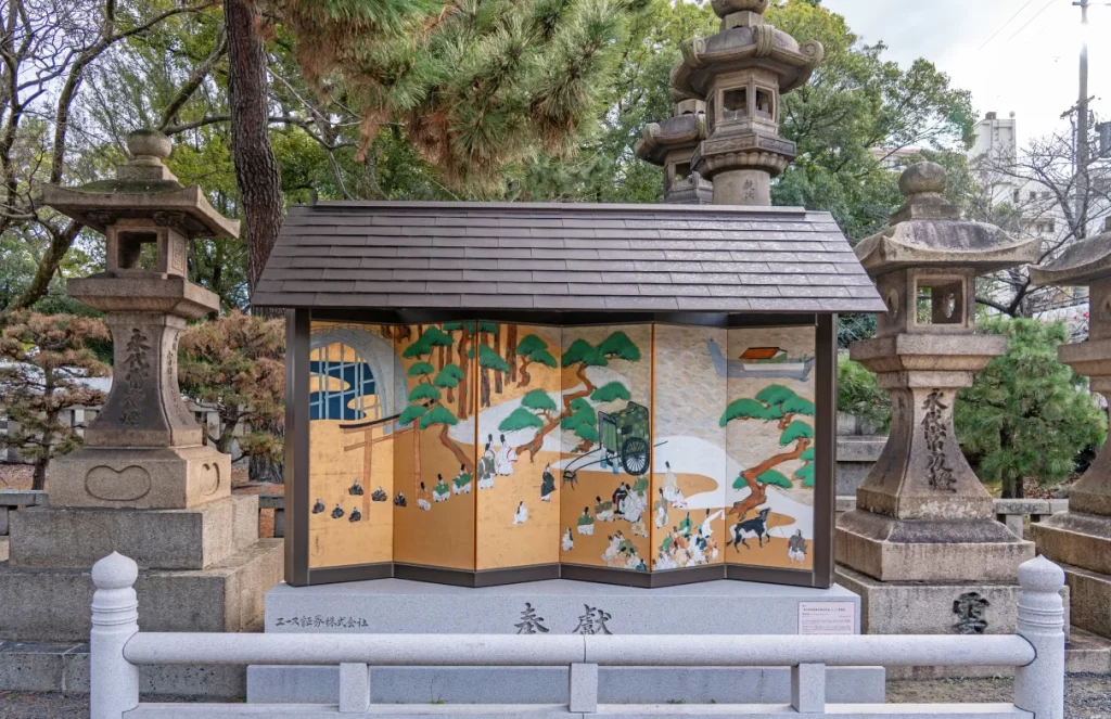 Historical painted display at the entrance of Sumiyoshi Taisha Temple located near Travelodge Osaka Honmachi.