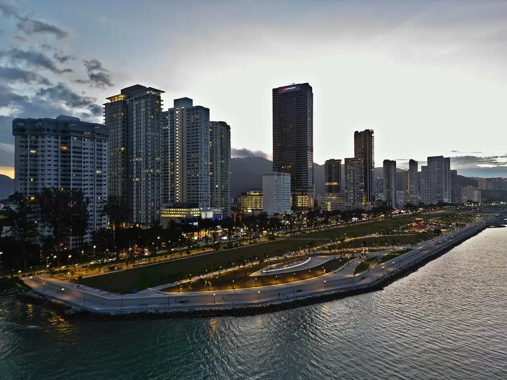Drone shot of Gurney Bay in George Town
